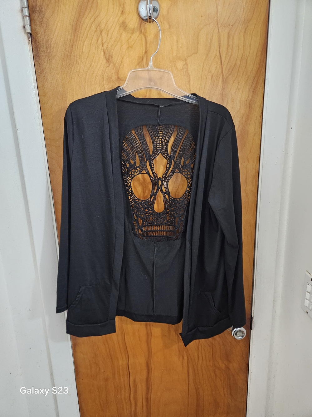 Black Open-Front Cardigan with Lace Skull Back